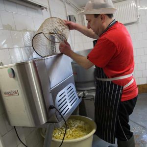 Preparing the chips in our kitchen